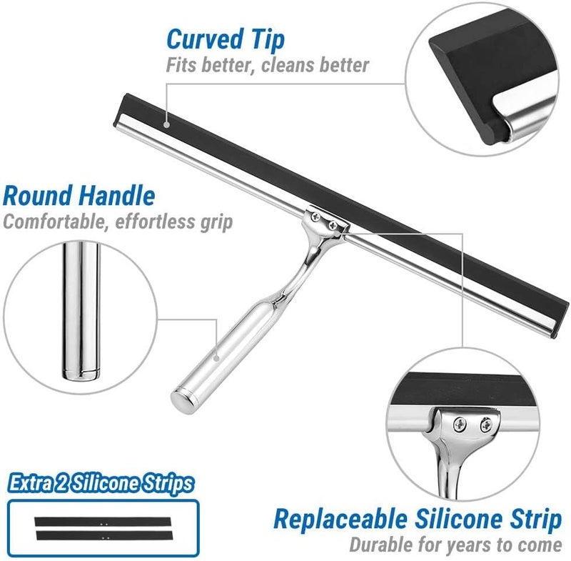ecooe Stainless Steel Shower Squeegee with Hook, 12″ Shower Glass Cleaner Wiper Scraper with 2 Replacement Blade Window Squeegee for Home Bathroom Kitchen Car Glass Doors - Image 3